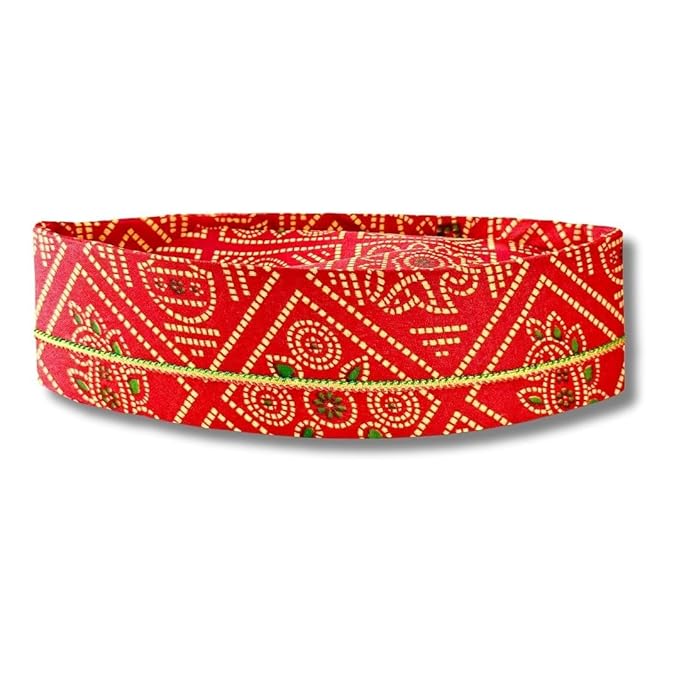 Men's Red Bandhni Cotton Topi Cap with Gold Chain Trim Handstitch Ready to Wear Topi/Cap/Turban for Wedding/Pooja and Traditional Function Use It - 6