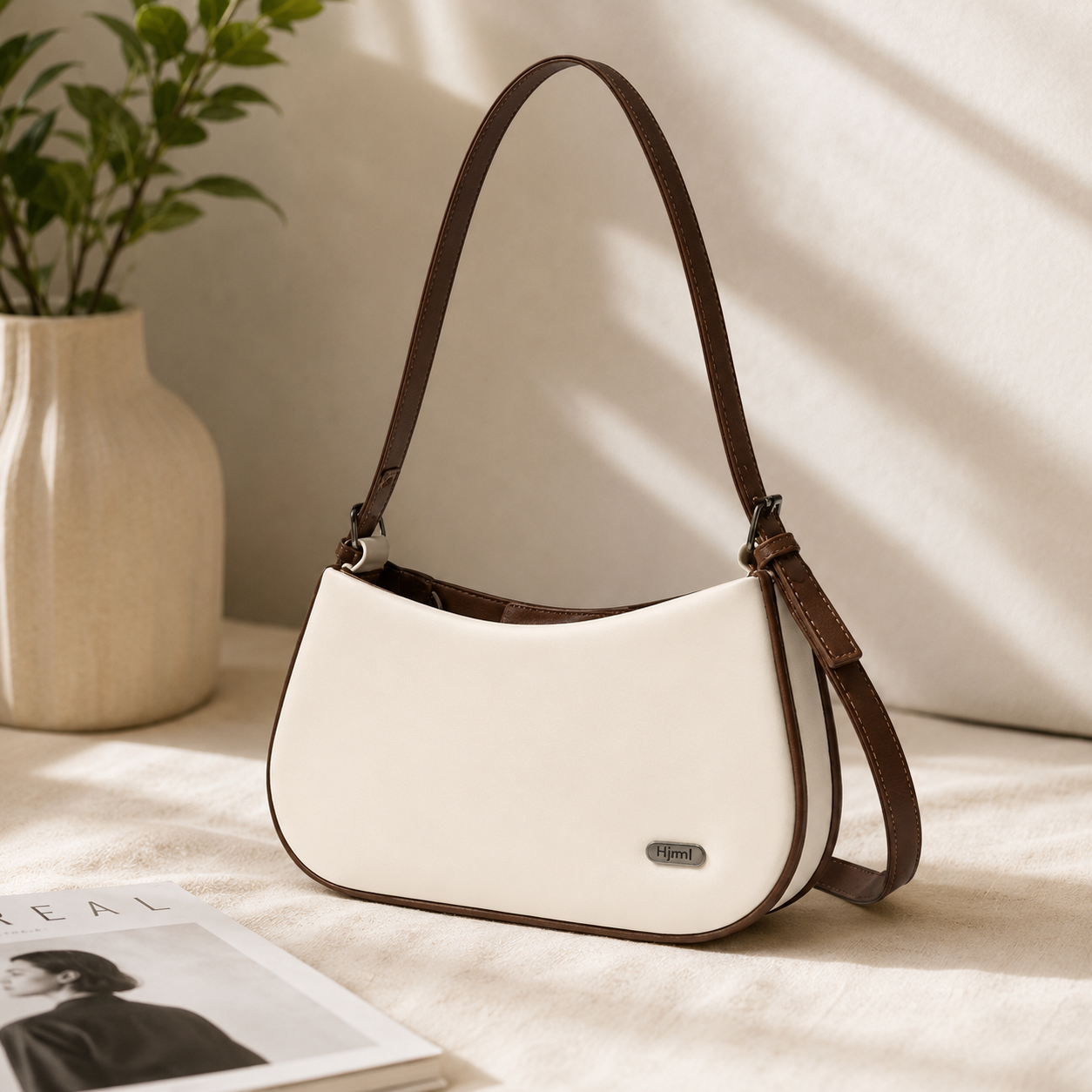 Women's Shoulder Bag, Cream and Brown, Hobo Style Handbag with Adjustable Strap
