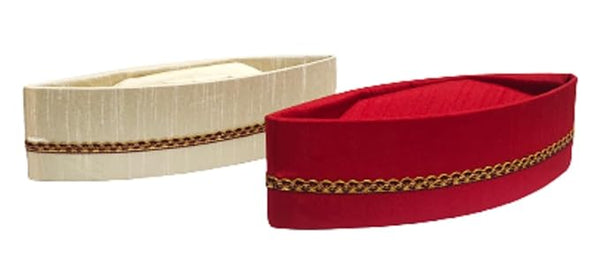 Traditional Handstitch Ready to Wear Topi/Cap/Turban for Special Diwali Pooja, Wedding and Traditional Function Use It Pack of 2 (Red and Off White Dupion Topi, Free Size)