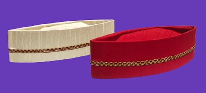 Traditional Handstitch Ready to Wear Topi/Cap/Turban for Special Diwali Pooja, Wedding and Traditional Function Use It Pack of 2 (Red and Off White Dupion Topi, Free Size)