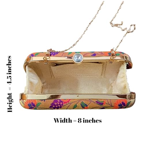 Paithani hand Clutch Purse with Chain Sling - Ethnic & Traditional Woven from Semi Paithani Silk - Box shaped Magnetic snap Box Purse