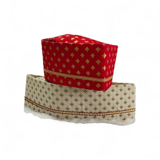 Traditional Printed Wedding Cap for Men, Red and Beige with Golden Kasida, Topi for Pooja, Marriage, Engagement, Sakharpuda