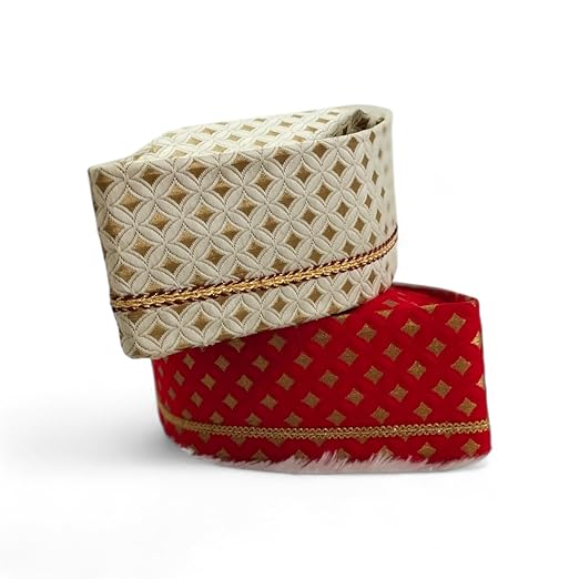 Traditional Printed Wedding Cap for Men, Red and Beige with Golden Kasida, Topi for Pooja, Marriage, Engagement, Sakharpuda