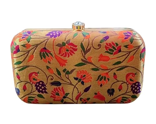 Paithani hand Clutch Purse with Chain Sling - Ethnic & Traditional Woven from Semi Paithani Silk - Box shaped Magnetic snap Box Purse