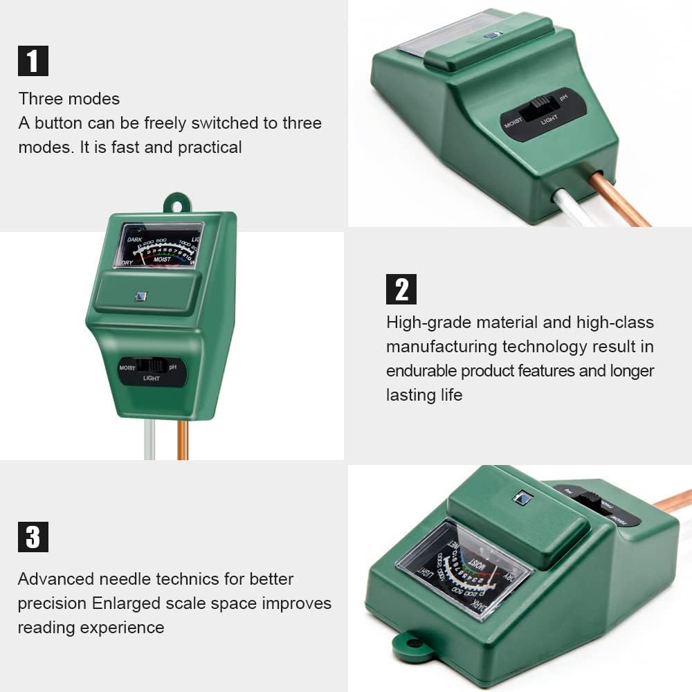 3 in 1 Soil Tester Sunlight Moisture PH Garden Solar Soil Tester Meter with Light pH Acidity Sensor Prob for Gardening Plants Farming