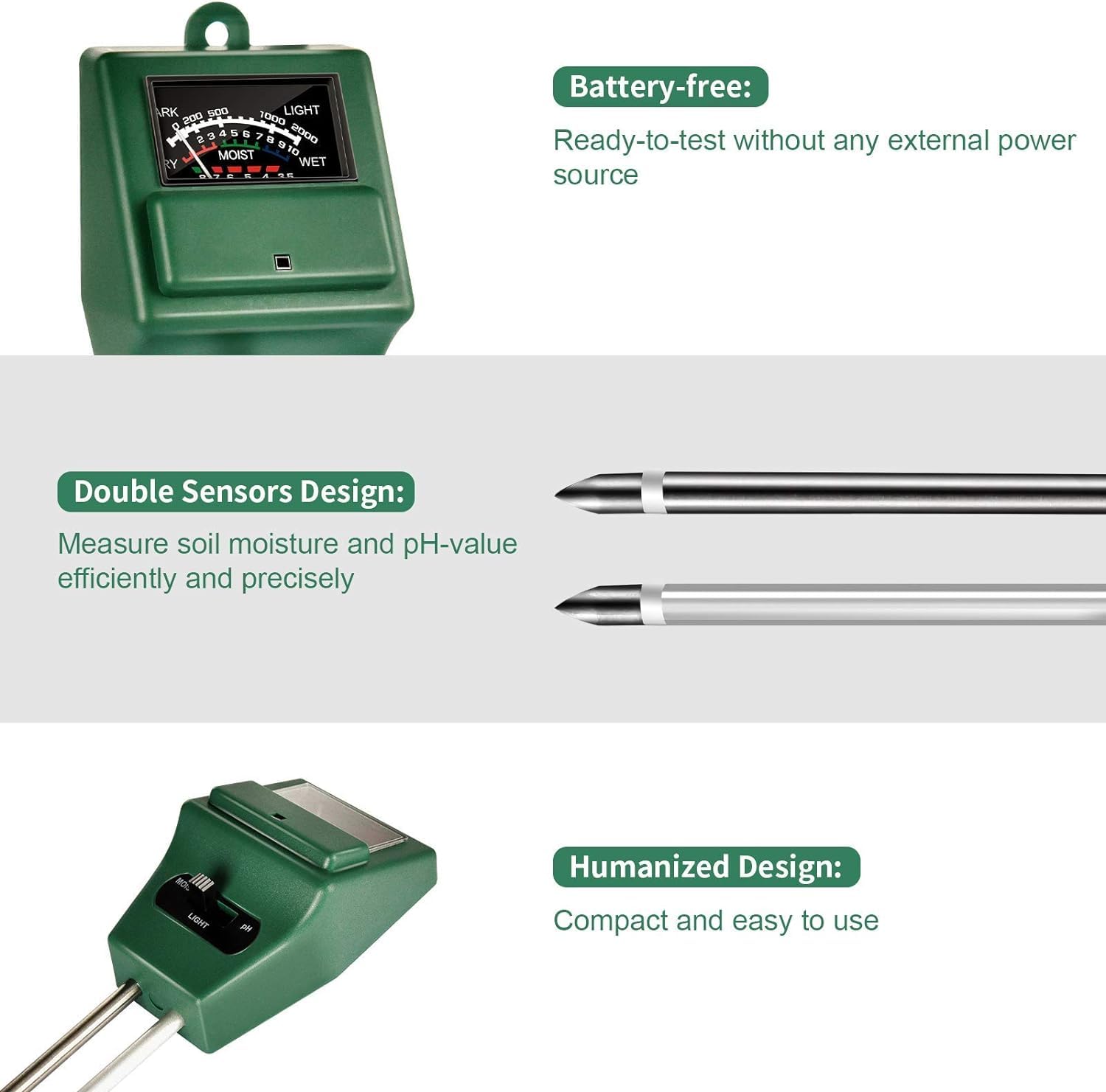 3 in 1 Soil Tester Sunlight Moisture PH Garden Solar Soil Tester Meter with Light pH Acidity Sensor Prob for Gardening Plants Farming