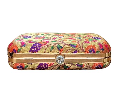 Paithani hand Clutch Purse with Chain Sling - Ethnic & Traditional Woven from Semi Paithani Silk - Box shaped Magnetic snap Box Purse