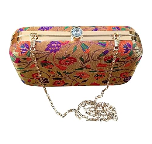Paithani hand Clutch Purse with Chain Sling - Ethnic & Traditional Woven from Semi Paithani Silk - Box shaped Magnetic snap Box Purse