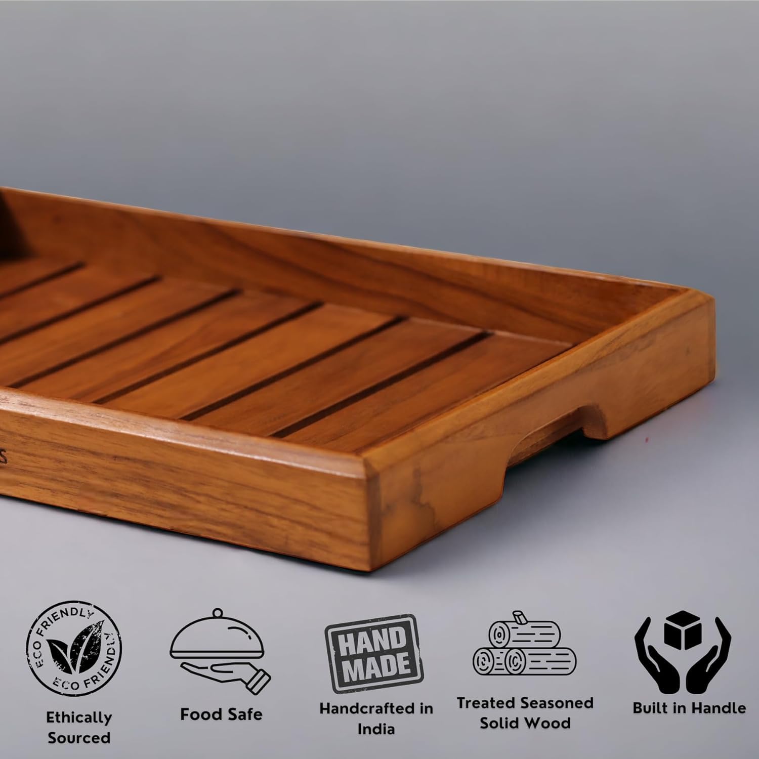 Wooden Tray for Serving - Premium Handcrafted Rectangular Wooden Tray, Ideal for Breakfast, Tea, Coffee, Snacks - Multipurpose Serveware Trays for Home & Office - Large (Pack of 1)