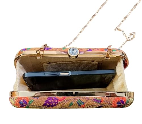 Paithani hand Clutch Purse with Chain Sling - Ethnic & Traditional Woven from Semi Paithani Silk - Box shaped Magnetic snap Box Purse