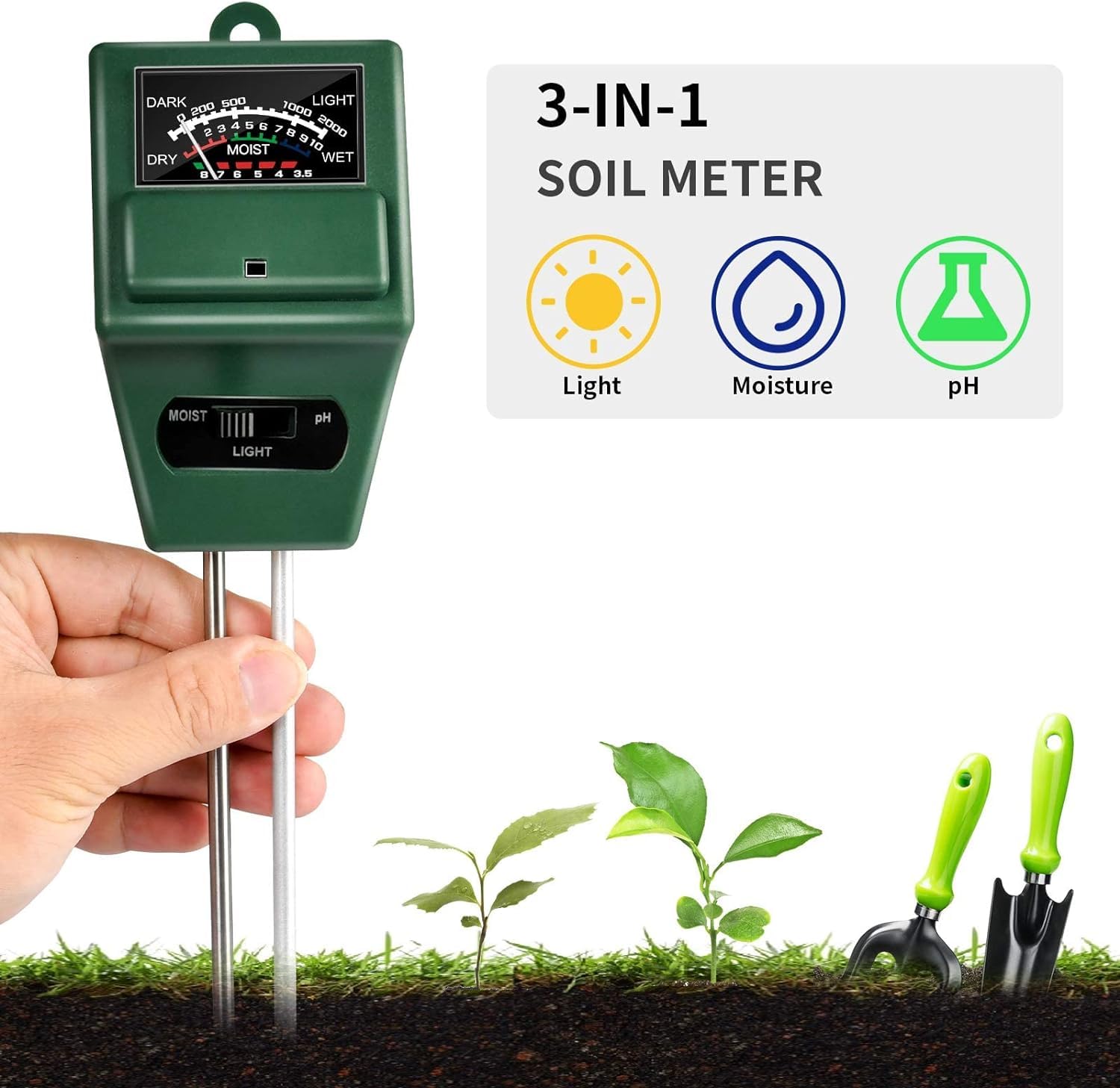 3 in 1 Soil Tester Sunlight Moisture PH Garden Solar Soil Tester Meter with Light pH Acidity Sensor Prob for Gardening Plants Farming