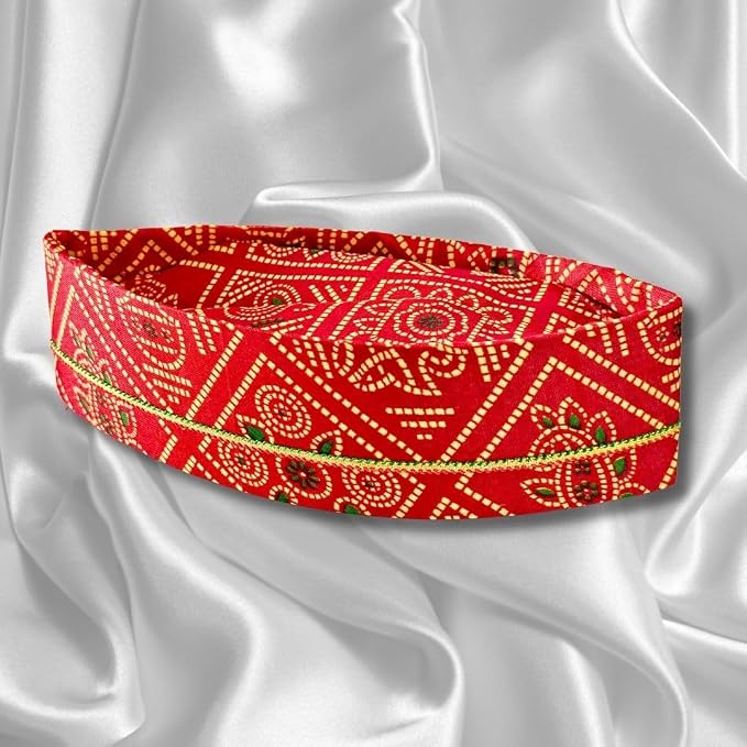 Traditional Topi for Gujarati, Maharashtrian Wedding Marriage Pooja Sakharpuda Engagement Function Red Bandhani Stiff Topi for Men Gents Royal Marathi Style Red Bandhani Topi