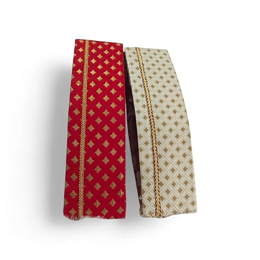 Traditional Printed Wedding Cap for Men, Red and Beige with Golden Kasida, Topi for Pooja, Marriage, Engagement, Sakharpuda