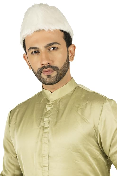 Traditional White Fur Wedding Topi for Men 24 inch