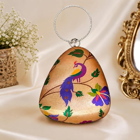 Handcrafted Peacock Print Women Clutch Bag with Metal Ring Handle | Premium Fabric Evening Purse | Ethnic Potli Style Handbag for Wedding, Party, Festival, Bridal & Gift