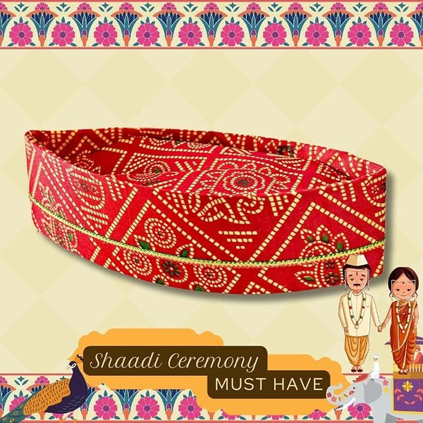 Traditional Topi for Gujarati, Maharashtrian Wedding Marriage Pooja Sakharpuda Engagement Function Red Bandhani Stiff Topi for Men Gents Royal Marathi Style Red Bandhani Topi