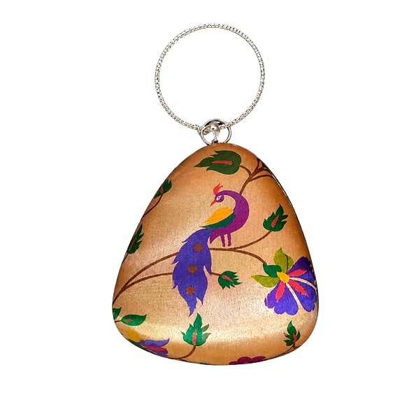 Handcrafted Peacock Print Women Clutch Bag with Metal Ring Handle | Premium Fabric Evening Purse | Ethnic Potli Style Handbag for Wedding, Party, Festival, Bridal & Gift
