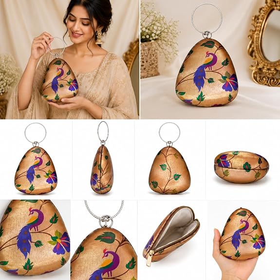Handcrafted Peacock Print Women Clutch Bag with Metal Ring Handle | Premium Fabric Evening Purse | Ethnic Potli Style Handbag for Wedding, Party, Festival, Bridal & Gift
